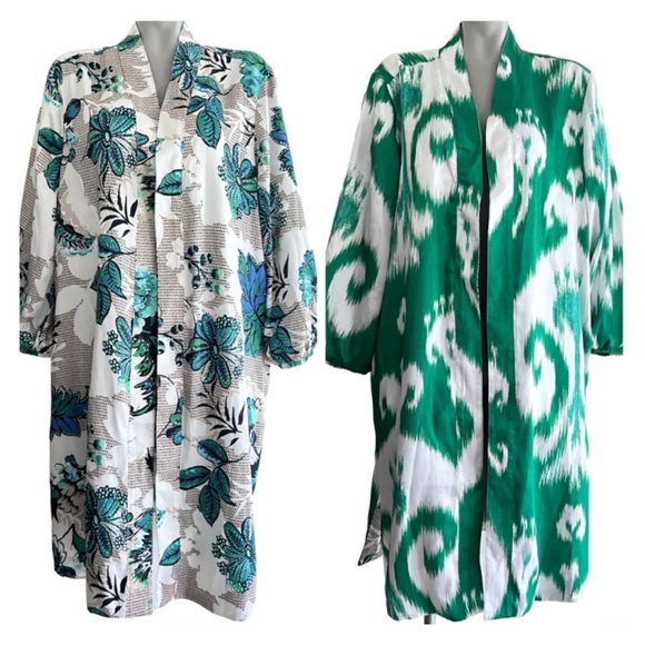 Chico's Tops - CHICO'S TROPIC EMERALD IKAT FLORAL PRINT REVERSIBLE DUSTER KIMONO TOP